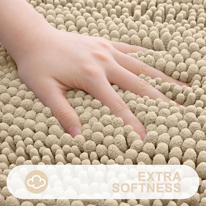 Grandaily Chenille Striped Bathroom Rugs 40x32, Extra Thick and Absorbent Bath Mats, Non-Slip Soft Plush Shaggy Shower Carpet, Machine Wash Dry, Bath Rug for Bathroom, Beige