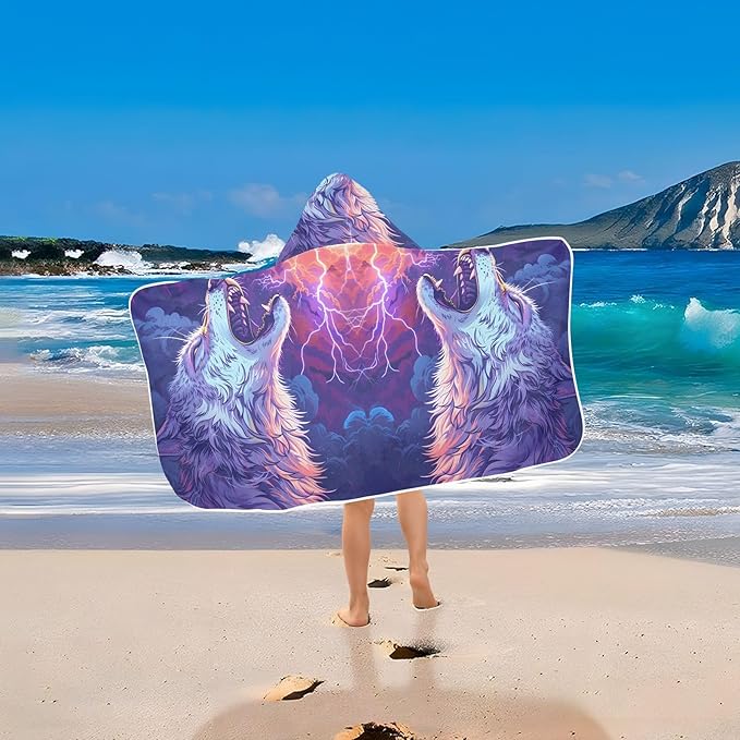 Hooded Towel for Kids Howling Wolf with Lightning in The Sky Beach Wrap Bath Towels 50x23.5in