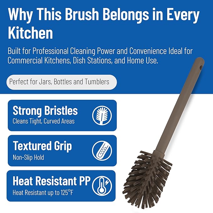 SPARTA Large Water Bottle Brush Ideal for Wide-Mouth Jars, Bottles and Tumblers, Dishwashing Tool with Handle for Home and Commercial Kitchens, Plastic, 12 Inches, Brown