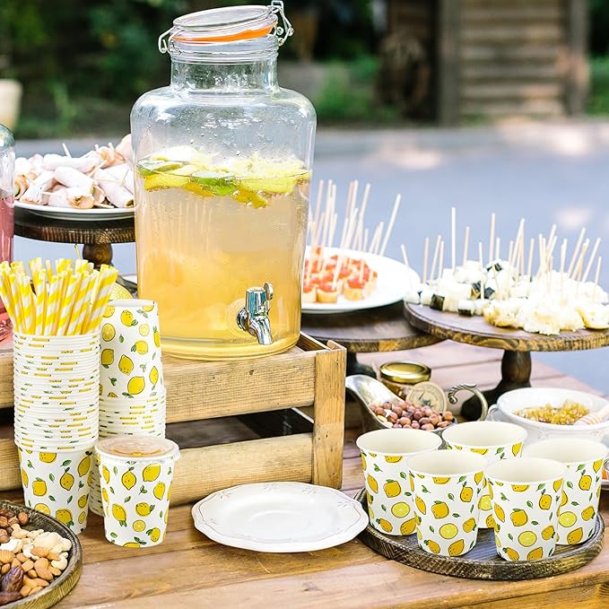150 Pieces/50 Sets Lemonade Cups with Lids and Paper Straws 9oz Disposable Iced Coffee Paper Cup Summer Citrus Cold Cups for Lemonade Stand Supplies Fruit Party Beverages Drinks Juices
