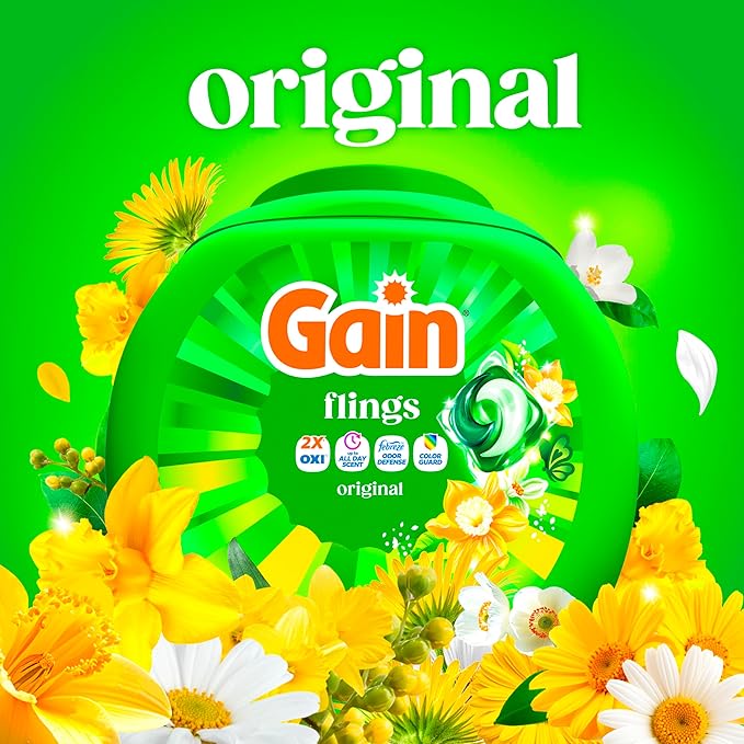 Gain Flings Liquid Washing Detergent Pacs, Now with Odor Defense + Color Guard, Original Scent, 4-In-1 Liquid Laundry Detergent Pods, Clean & Fresh, 76 Count (Packaging May Vary)