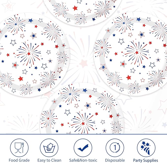 50 Pcs 4th of July Paper Plates 10" Large Stars Fireworks Decorative Plate Heavy Duty Disposable American Flag Plates Patriotic Platters for 250th Anniversary Independence Day Party Decorations