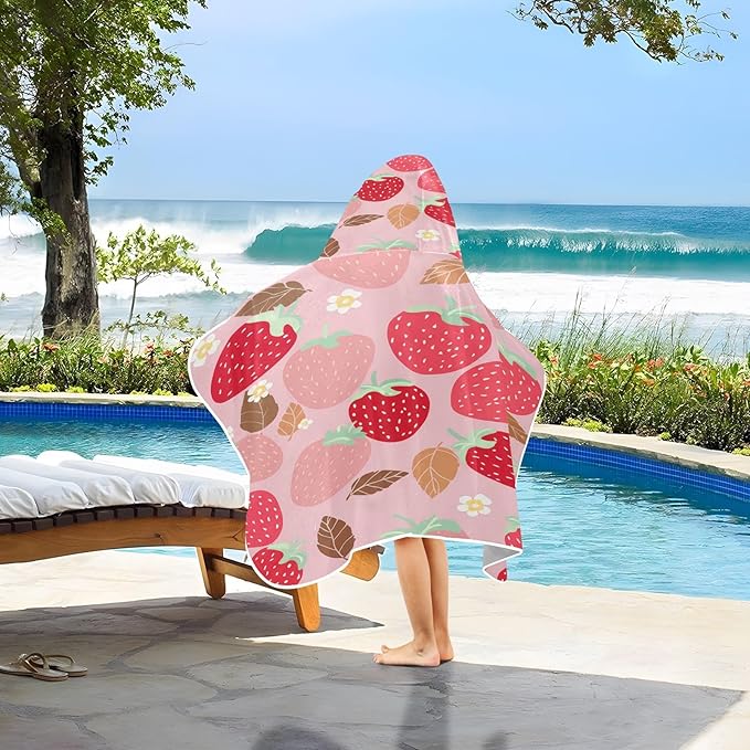 CEBUGI Strawberries Hooded Bath Towel for Kids Absorbent Soft Bath Towel Wrap with Hood 50x23.5in Pool Beach Shower Towel for Boys Girls