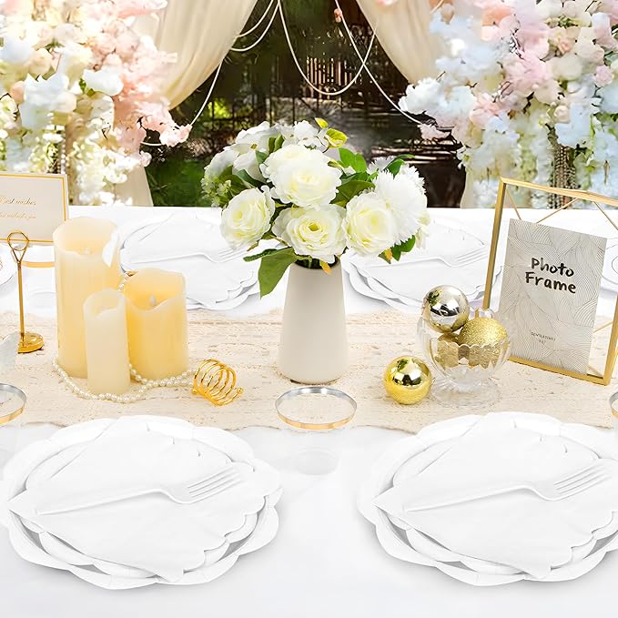 96 Pcs White Paper Plates and Napkins Set Party Supplies, Tableware set for 24 Guest include Disposable White Scalloped Plates, Napkins and Forks for Baby Shower Bridal Shower Wedding