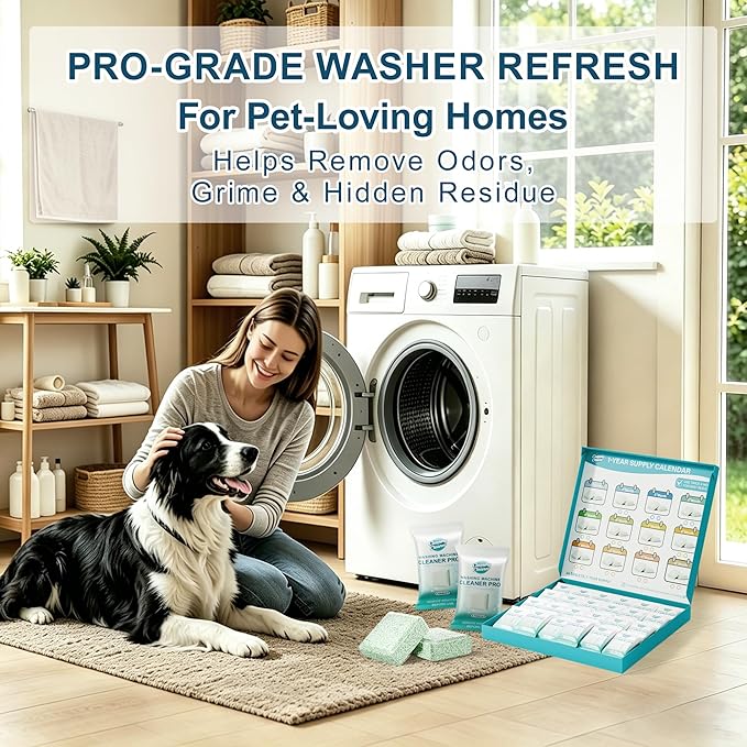 Washing Machine Cleaner Pet-Hair-Remover for Laundry, Cleaning Supplies for Odors and Grime, Safe for Pets, 24 Tablets, 1 Year Supply