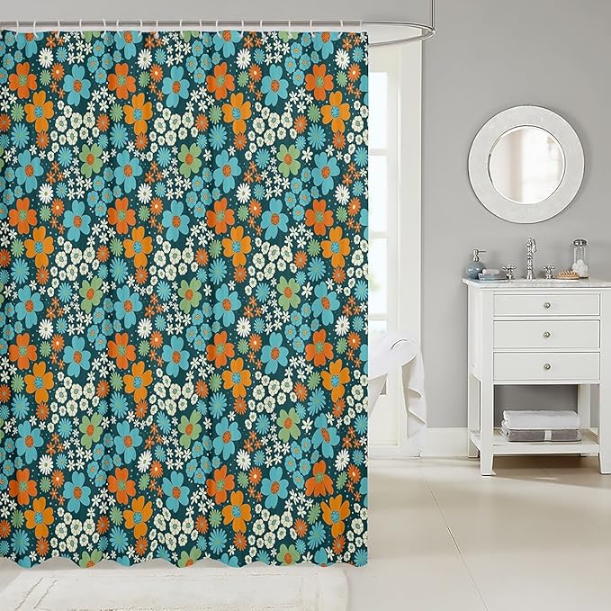 Retro Floral Fabric Shower Curtain 72" Wx72 L Vintage 70S 60S Groovy Bathroom Shower Curtain Sets Orange Blue Flowers Shower Curtain Boho Exotic Hippie Bathroom Accessories Aesthetic Home Decor
