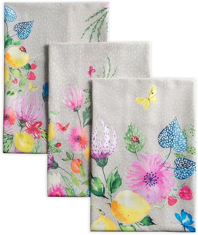 Maison d' Hermine Kitchen Towels Set of 3 100% Cotton 27.50" x 20" Reusable Cloth Tea Dish Towels Absorbent with Hanging Loop for Kitchen Farmhouse Hotel Spring Summer - Jardin D'Ete - Fog