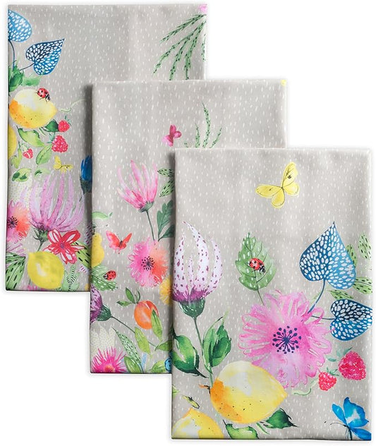 Maison d' Hermine Kitchen Towels Set of 3 100% Cotton 27.50" x 20" Reusable Cloth Tea Dish Towels Absorbent with Hanging Loop for Kitchen Farmhouse Hotel Spring Summer - Jardin D'Ete - Fog