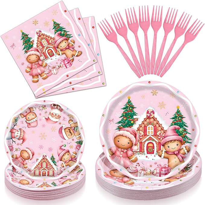 100 Pieces Pink Christmas Party Tableware Set – Gingerbread Round Plates, Napkins and Forks, Disposable Dinnerware for Christmas Birthday, Holiday and Winter Party Supplies
