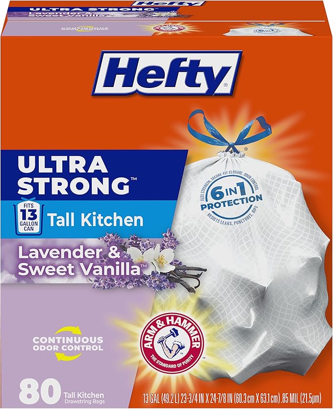 Hefty Ultra Strong 13 Gallon Trash Bags, Tall Kitchen Trash Bags 13 Gallon Size, Drawstring Closure, Continuous Odor Control, White, Lavender and Sweet Vanilla Scent, 80 Bags