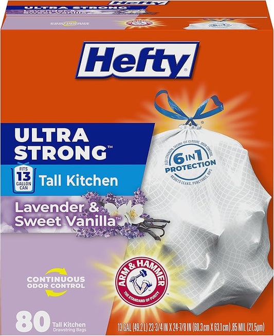 Hefty Ultra Strong 13 Gallon Trash Bags, Tall Kitchen Trash Bags 13 Gallon Size, Drawstring Closure, Continuous Odor Control, White, Lavender and Sweet Vanilla Scent, 80 Bags