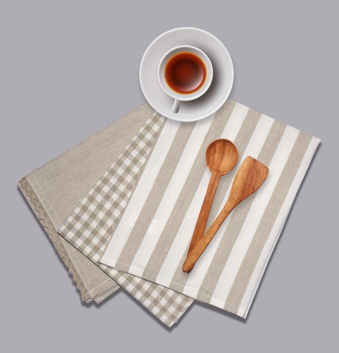Kitchen Towels or Tea Towels with Hanging Loop | Cotton Flax | 20" X 28" | Set of 3 | Super Absorbent, Quick Drying, Hand Towels for Modern Kitchen Décor | Assort Design