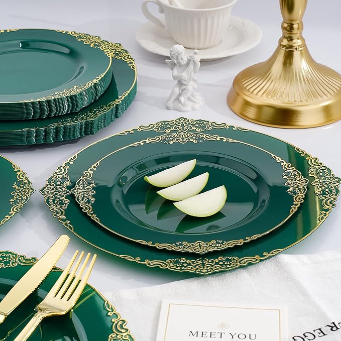 Realluck 350 PCS Green and Gold Plastic Plates, Plastic Dinnerware Set for 50 Guests, 100 Disposable Plates, 150 Silverwares, 50 Cups, 50 Napkins for Party, Wedding, Graduation