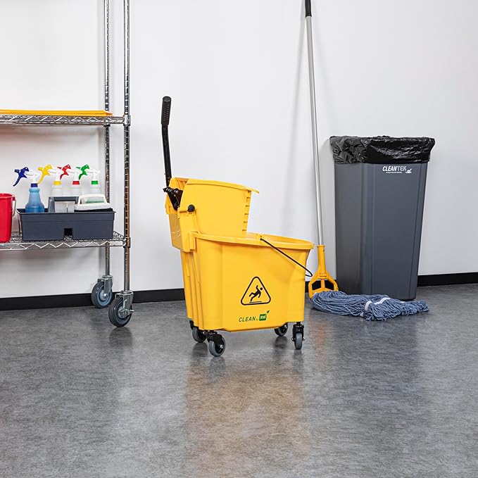Restaurantware RW Clean 38 Quart Industrial Mop Bucket 1 Combo Mop Wringer Bucket - With Side Press Wringer Built-In Casters Yellow Plastic Commercial Mop Bucket Carry Handle For Commercial Use