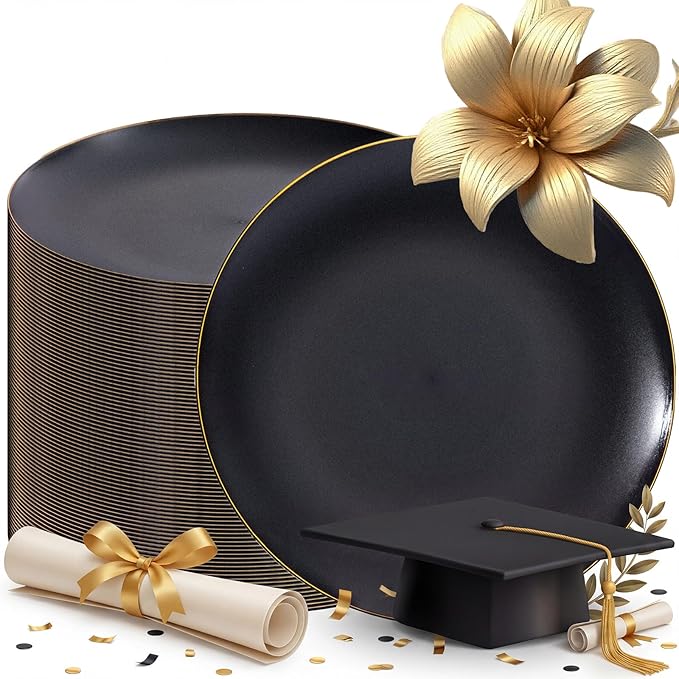 EI 80pcs Black and Gold Dinner Plates Disposable 10.25inch,Plastic Party Graduation Plates with Gold Rim,Black Plastic Matte plate Frosted Disposable Heavy Duty,Elegant for Wedding/Graduation