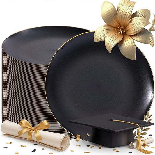 EI 80pcs Black and Gold Dinner Plates Disposable 10.25inch,Plastic Party Graduation Plates with Gold Rim,Black Plastic Matte plate Frosted Disposable Heavy Duty,Elegant for Wedding/Graduation
