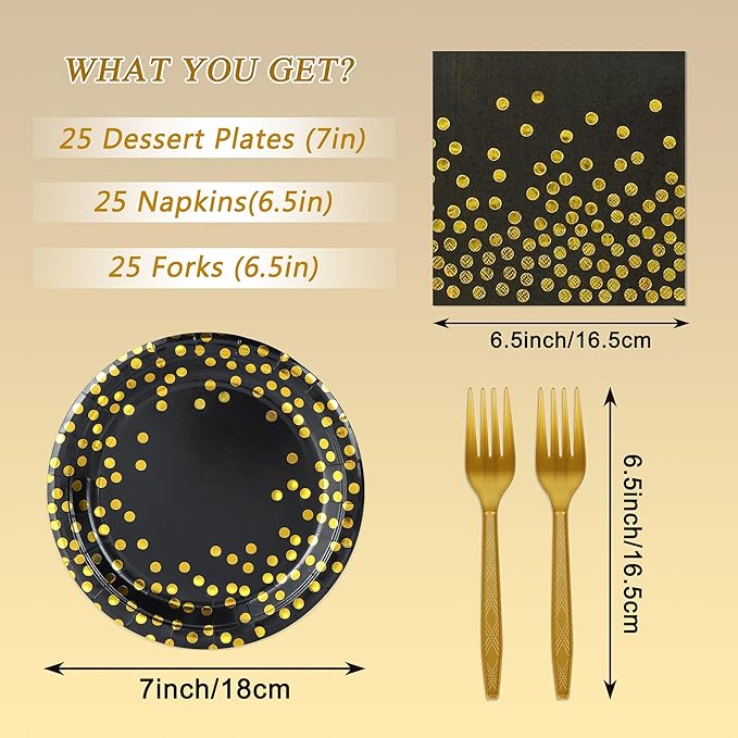 75PCS Black and Gold Paper Plates and Napkins Party Supplies,Serves 25 Guests Black Gold Plates and Napkins,Disposable Paper Tableware Set for Birthday Graduation Retirement Decorations