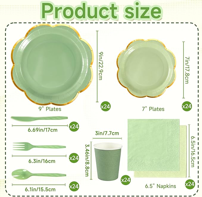 Sage Green Paper Plates and Napkins Party Supplies Serves 24,Green Scalloped Party Plates with Gold Rim,168Pcs Disposable Plates and cups and napkins sets for Spring Birthday Party Bridal Baby Shower