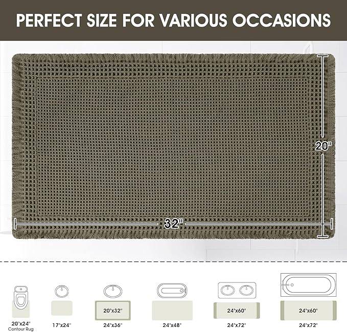 Upgraded Waffle Bath Mat, 32"x20" Greyish Green-Bordered, Super Absorbent Non-Slip Quick Dry Bathroom Rugs with Tassels, Machine Washable Ultra Soft Boho Bath Rugs, Toilet Mats Boho Farmhouse Decor