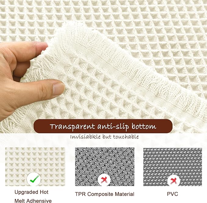DWCN Waffle Bathroom Mat Set, Super Absorbent Non Slip Bath Rug Set for Bathroom Floor, Shower Mats 2 Pcs for Tub, Washable Kitchen Rugs for Farmhouse Boho Home Decor, 24 x 16 Inch, Ivory