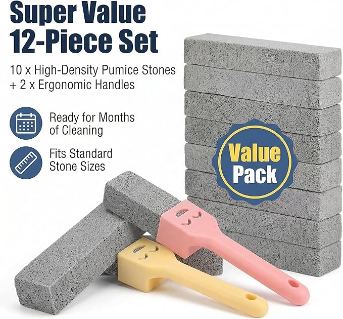 Jxueych 10 Pack Pumice Stone for Cleaning with 2 Handles – Heavy Duty Scouring Stick for Toilet Bowl, Rust, Hard Water & Stove – Bathroom & Kitchen Cleaner (10, Large)