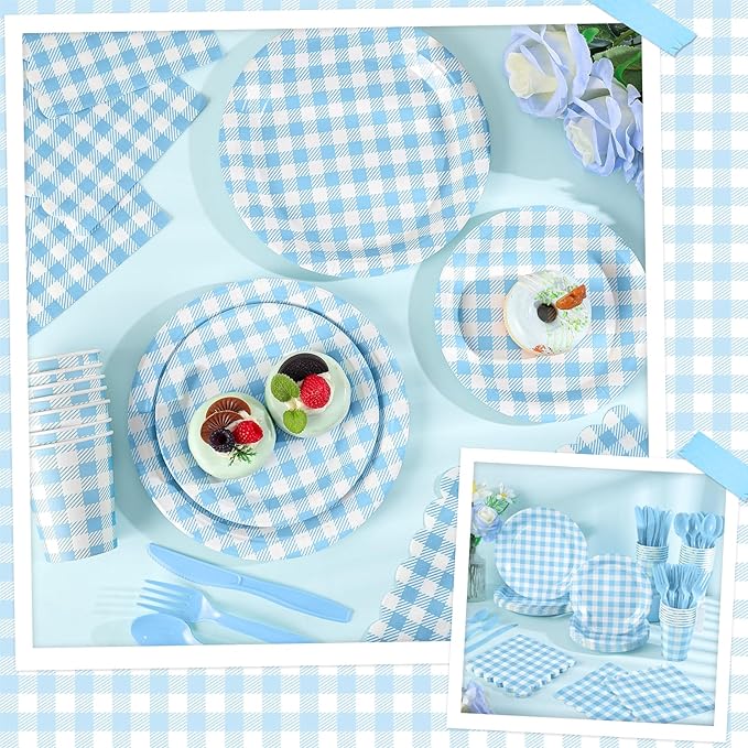 NatNarr 175 Pcs Gingham Paper Plates, Boy Baby Shower Decorations Include Blue Gingham Plates and Napkins Cups Disposable Blue Dinnerware for Picnic, Wedding, Birthday
