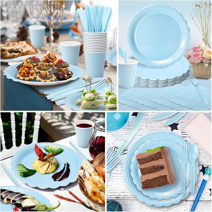 Vyntra 350 Pcs Light Blue Disposable Paper Plates and Napkins Set for 50, 9" Dinner Plates & 7" Dessert Plates, Tableware for Baby Shower, Birthday, Picnic, Party