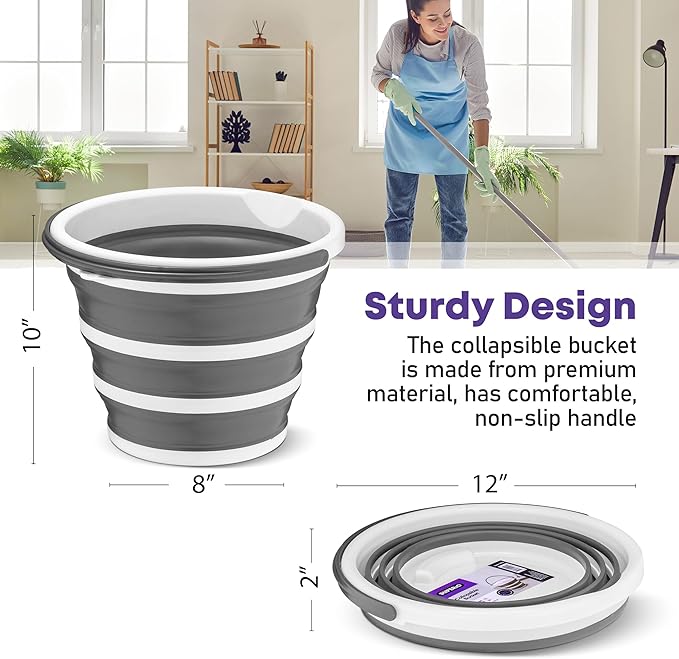 Superio Collapsible Bucket 2 Gallon Bucket with Handle Grey Car Wash Bucket Small Foldable Silicone Pail for Camping, Fishing, Cleaning, Mopping, 10 Liter, 6