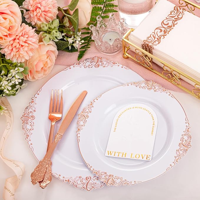 Morejoy 175PCS Rose Gold Plastic Plates & Plastic Silverware inculdes: 25 Dinner Plates,25 Dessert Plates, 25 Forks,25 Knives, 25 Spoons, 25 Cups,25 Napkins Perfect for Wedding & Party & Mother's Day