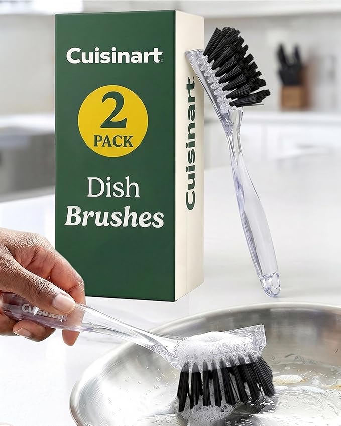 Cuisinart Dish Brush with Handle 2 Pack – Kitchen Scrub Brush for Dishes, Pots & Pans, Non-Scratch Dish Scrubber, Firm Bristles for Sink & Cookware, Comfortable Grip for Everyday Cleaning
