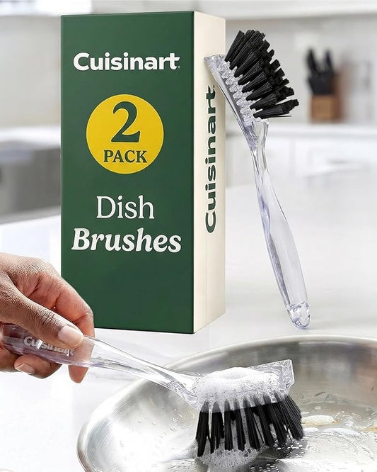 Cuisinart Dish Brush with Handle 2 Pack – Kitchen Scrub Brush for Dishes, Pots & Pans, Non-Scratch Dish Scrubber, Firm Bristles for Sink & Cookware, Comfortable Grip for Everyday Cleaning