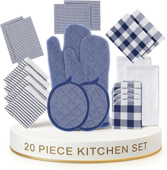 LANE LINEN Flour Sack Towels & Kitchen Towel Set 20 Pc - Premium Cotton Tea Towels for Bread Baking, Super Absorbent Dish Cloths for Washing Dishes, Multipurpose Kitchen Rags & Oven Mitt Set - Indigo