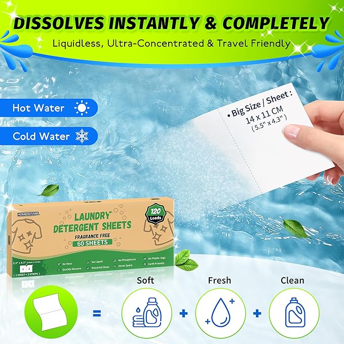 Laundry Detergent Sheets - Up to 120 Loads (60 Sheets),Unscented,Plastic Free,Laundry Detergent Strips for Travel,Dorms, Home,Apartments,Liquidless Technology,Eco Friendly& Hypoallergenic