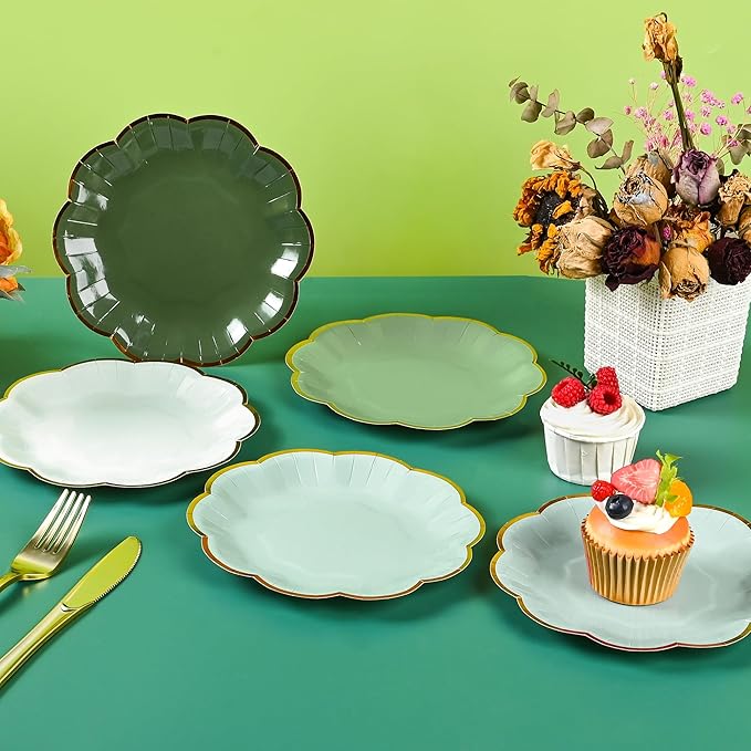 AimFun Sage Green Party Plates Gradient Green Dessert Paper Plates 7inch Gold Foil Scalloped Edge Disposable Cake Plates for Birthday Bridal Baby Shower Wedding Party Supplies (24)