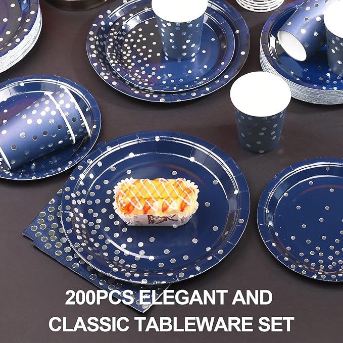 200pcs Blue and Silver Party Deorations Birthday Plates Disposable-Serve 50 Guests,Navy Blue Plates and Napkins Party Supplies for Wedding Anniversary Retirement Graduation Decorations