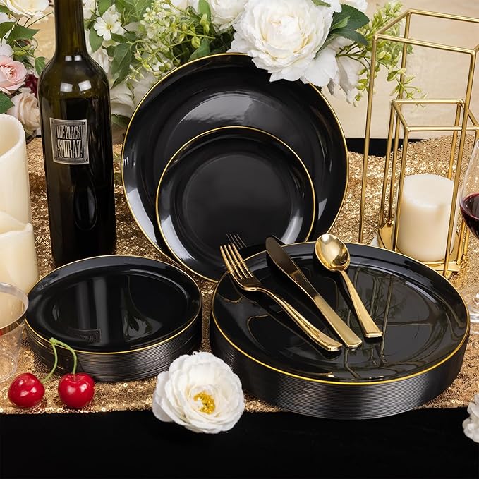 WDF 300PCS Black and Gold Plates - Black Plastic Plates for Party - 50 Guest Disposable Dinnerware Sets for Party/Wedding/Graduation/Memorial Day