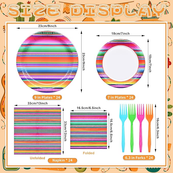 96 Pieces Mexican Fiesta Party Tableware Set - Colorful Serape Stripe Disposable Dinnerware with Paper Plates, Napkins, Plastic Forks - Cinco de Mayo, Taco Tuesday, Birthday, BBQ Party Supplies