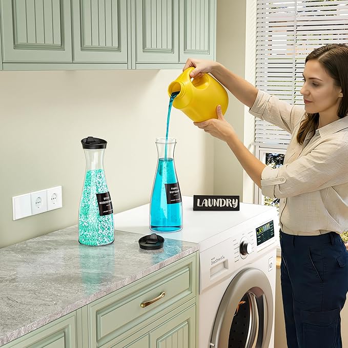 Galasily 2 Pack Laundry Detergent Dispenser Container, 54OZ Liquid Laundry Soap Dispenser with Labels, Black Laundry Room Organization for Powder, and Fabric Softener