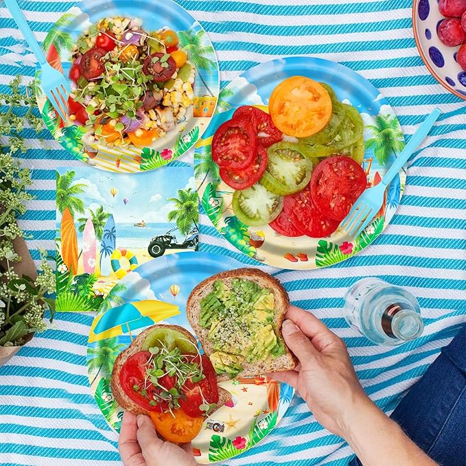 96 Pieces Summer Beach Tableware Set Party Supplies - Tropical Themed Disposable Dinnerware with Paper Plates, Napkins, and Forks for Picnics, Birthdays, Pool Celebrations - Serves 24