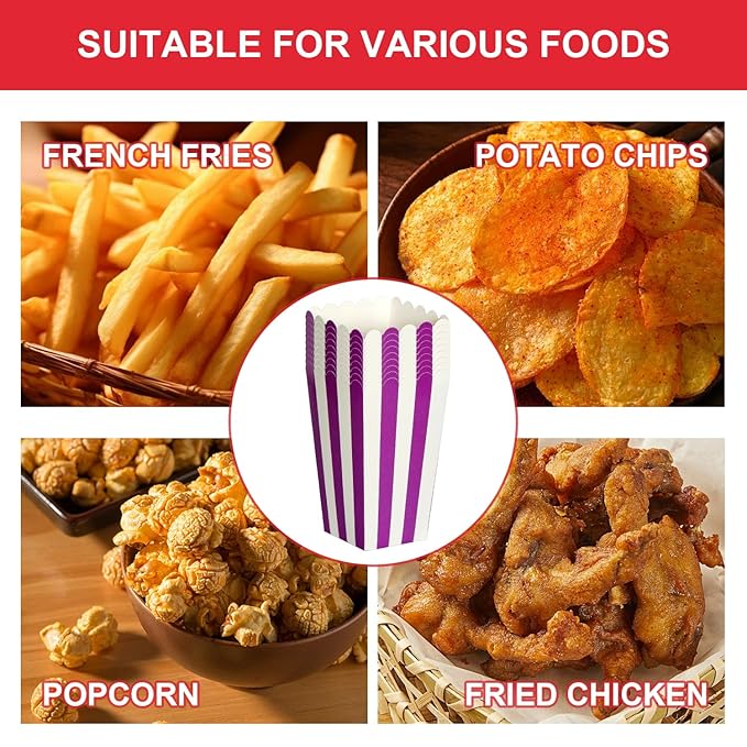 XIEHE 24 Pack Striped Popcorn Boxes - Carnival Parties Mini Paper Popcorn and Candy Containers, Party Supplies for Movie Nights (Purple)