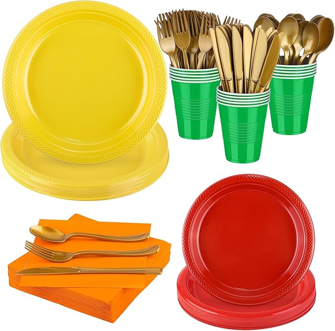Aodaer 200 Pieces Colorful Dinnerware Set, Disposable Party Supplies Include 7/9 Inch Yellow Red Plastic Plates Green Cups Cutlery Napkins for Rainbow Birthday Party Decor, Serve 25 Guest