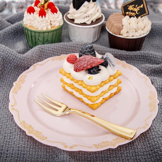 LIYH 100 Pcs Pink Gold Dessert Plates - 100 Pcs Gold Plastic Forks,Cake Plates Disposable with Forks,Appetizer Plates,Bridal Shower Party Plates for Birthday Wedding Party Mothers Day