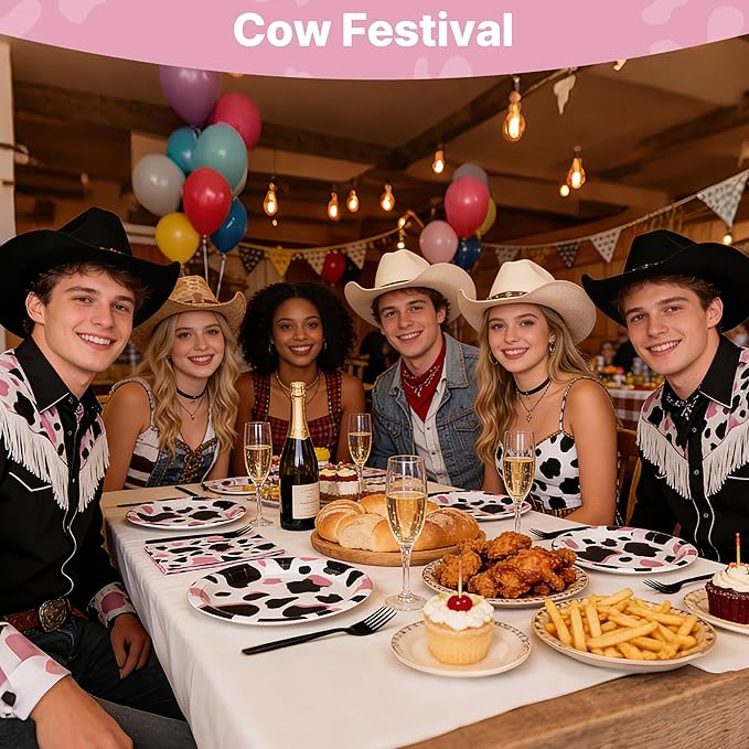 100 Pcs Cow Party Supplies for 25 Guests, Heavy-Duty 7" & 9" Paper Plates, 2-Ply 13" Napkins & Plastic Forks, Disposable Tableware Set for Cow Birthday, Farm and Western Party