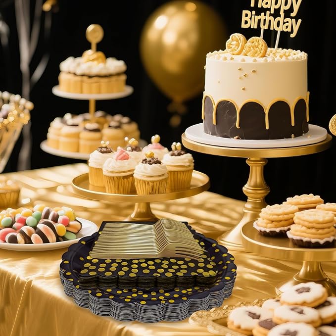 Black and Gold Paper Plates and Napkins,7 Inch Black and Gold Scalloped Disposable Dessert Plates Paper Napkin Fork Party Supplies for Wedding Baby Shower Birthday(25 Guest)