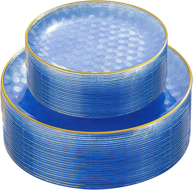Festiva 60PCS Clear Blue Gold Plastic Plates - Heavy Duty Fancy Disposable Plates With Gold Rim -serve for 30 guests Include Each 30PCS 10.25" & 7.5" Honeycomb Design Plates for Party(Blue)