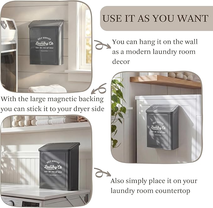 MONJITA Magnetic Lint Bin for Laundry Room, Wall Mounted Lint Trash can with lid for Dryer, Farmhouse Laundry Co Sign, Laundry Room Organization and Storage Decor with Dryer Lint Brush(Grey)