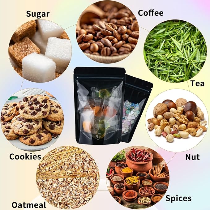 200 Mylar Bags for Food Storage 6X9 Mylar Bags with Window Large Candy Packaging Resealable Bags Black Stand Up Pouches Edible Packaging for Small Business