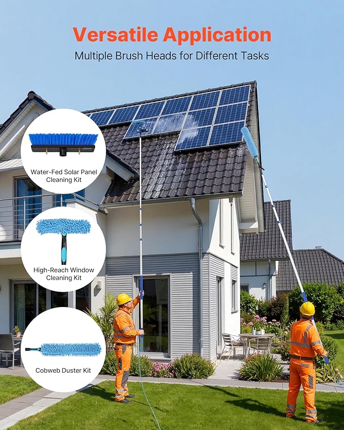 VEVOR Solar Panel Cleaning Kit, 20 ft, Water Fed Pole Kit with Cleaning Brush, Soap Dispenser, Extendable Aluminum Telescopic Pole, 180° Rotatable Brush Head, for Roof Mounted Solar Panels, Windows