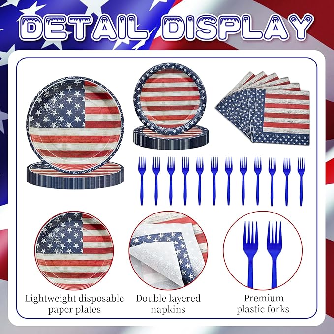 96 Pieces Patriotic Tableware Set Party Supplies - American Flag Pattern Disposable Dinnerware with Paper Plates, Napkins, Forks for Fourth of July, Memorial Day, Veterans Day BBQ Picnic Favors