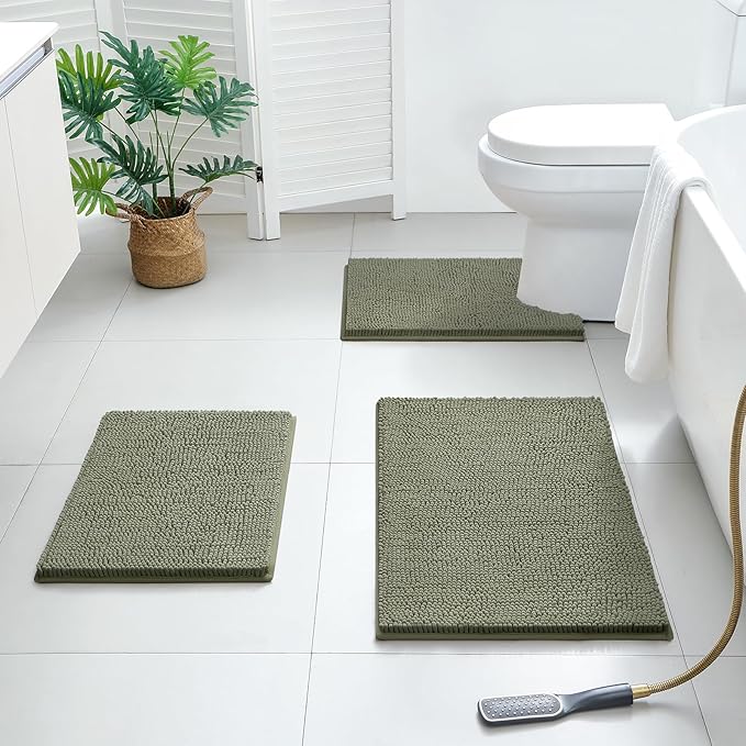 BYSURE Sage Green Bathroom Rugs Sets 3 Piece Non Slip Extra Absorbent Plush Chenille Soft Washable Bath Mats